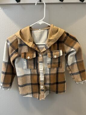Plaid Hooded Button-Up Shirt Boys Brown Beige Black White Long Sleeve- 3-4T